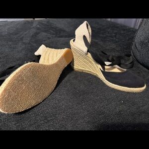 Black and Tan Espadrille Wedge Sandals